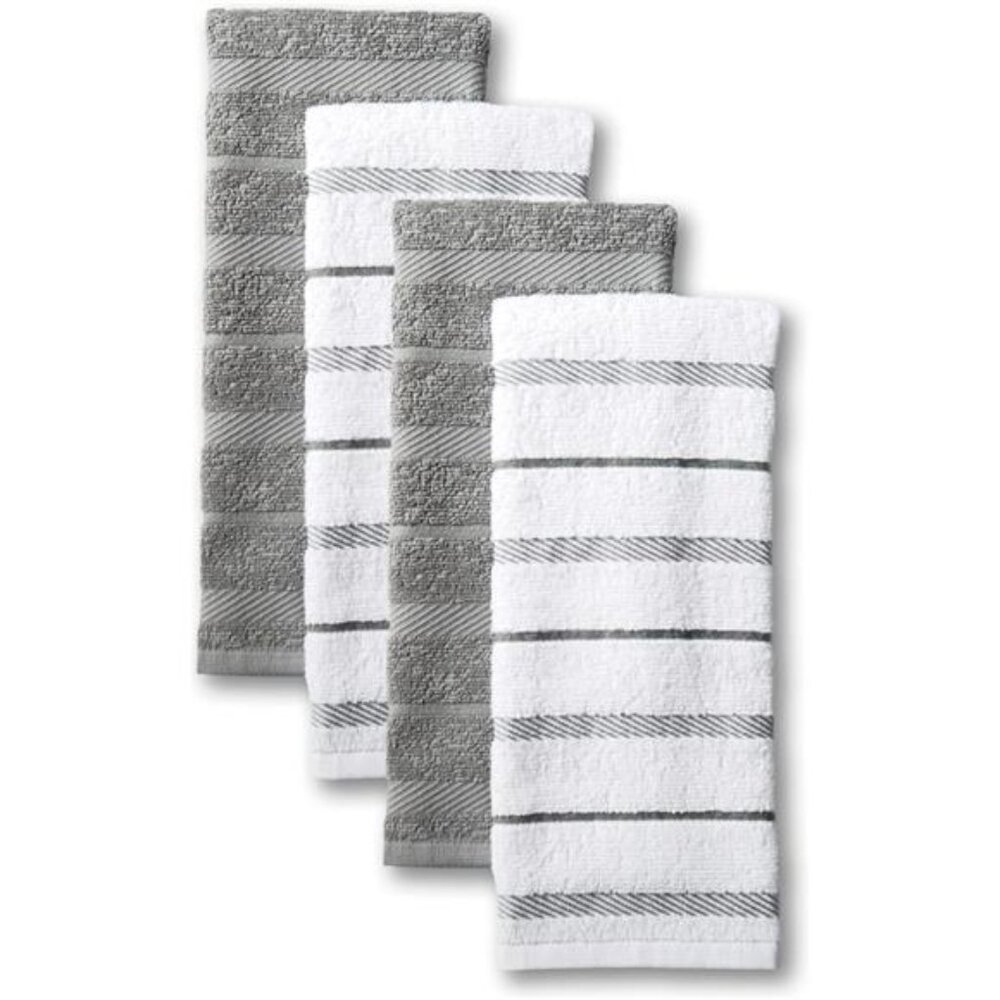 Cotton Kitchen Towels 4 Pack Grey White Absorbent Dish Drying Hand Towels Set